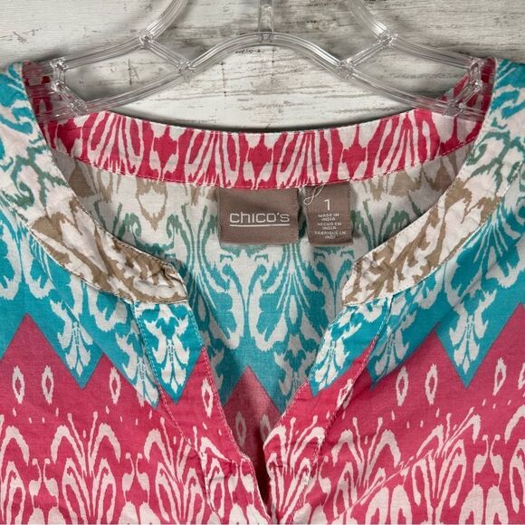 Chico's Ikat Cotton Print Rolltab Sleeve Pink Turquoise Blouse Top 1/ M - Picture 3 of 6